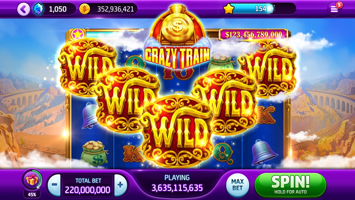 Slotomania Crazy Train game screen with reels and colorful symbols